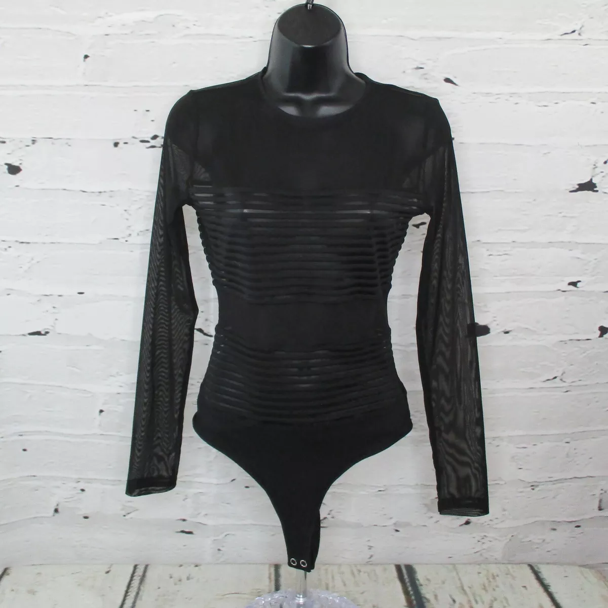 Forever 21 Juniors Size Medium 7 9 Sheer Striped Thong Bodysuit Cheeky Black