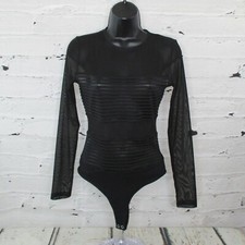 Forever 21 Juniors Size Medium 7/9 Sheer Striped Thong Bodysuit Cheeky Black