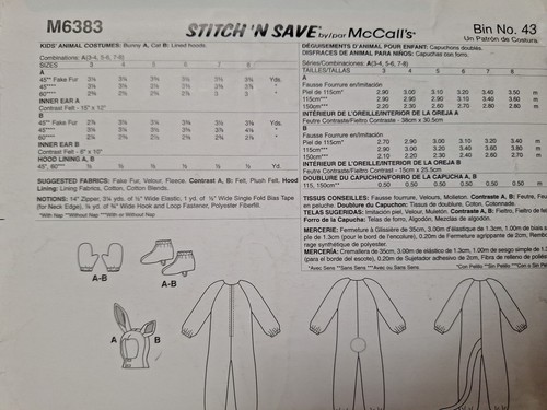 Cat Rabbit 3T 3 ONLY Costume Stitch N Save McCalls M6383 6383 Sewing Pattern Cut - Picture 4 of 5