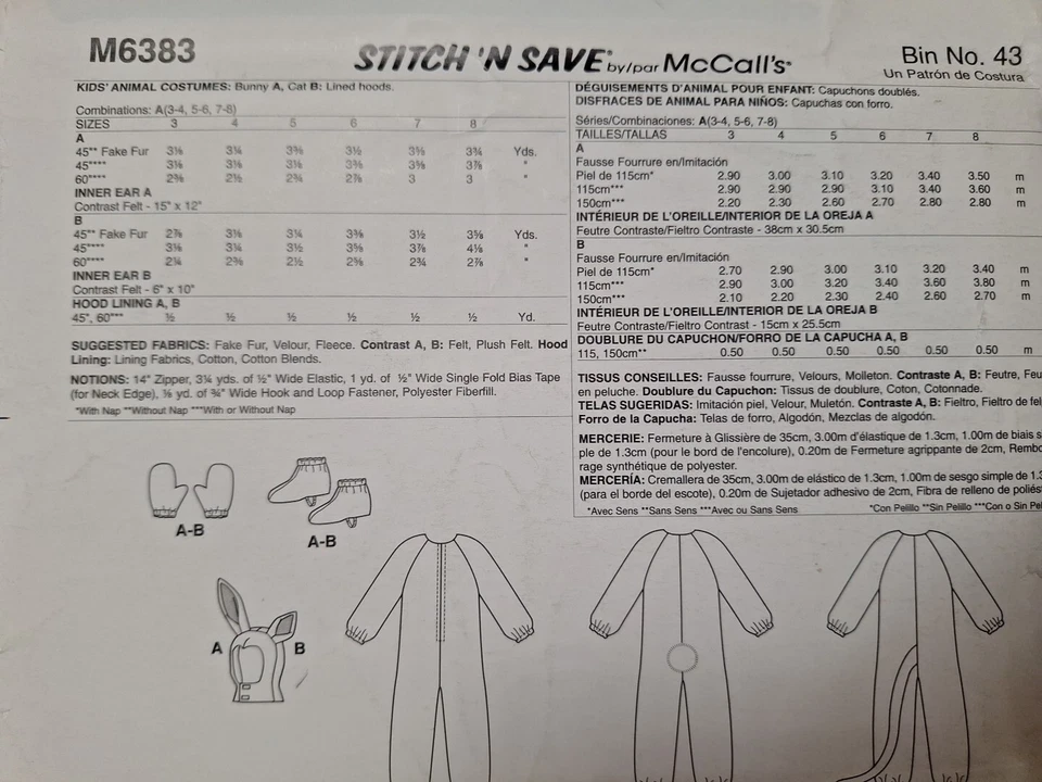 Cat Rabbit 3T 3 ONLY Costume Stitch N Save McCalls M6383 6383 Sewing Pattern Cut - Image 4 of 4