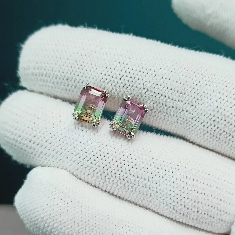 西瓜碧玺耳环,925 纯银耳环,碧玺耳钉 — 第 3/4 张图片