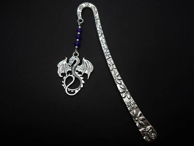 A TIBETAN SILVER DRAGON & PURPLE JADE BEAD CHARM BOOKMARK. NEW.