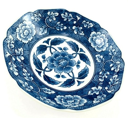 Japanische blau und weiß Botan Pfingstrose Porzellan flache Salatschüssel 7,5" B x 2" H - Bild 9 von 12
