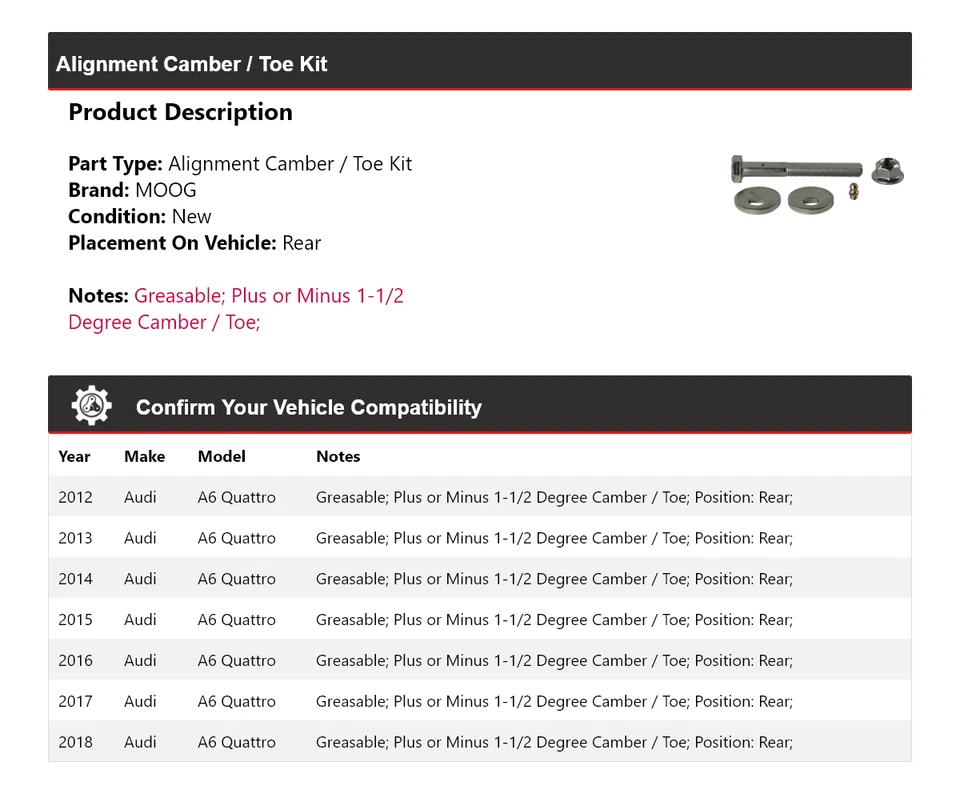 Kit de inclinación/puntera trasera MOOG 2012 2013 para Audi A6 Quattro 2012-2018 Foto 2 de 4