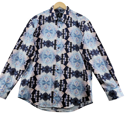 1 Like No Other London Men's Size L Blue Diamond Print Cotton Casual Shirt $185
