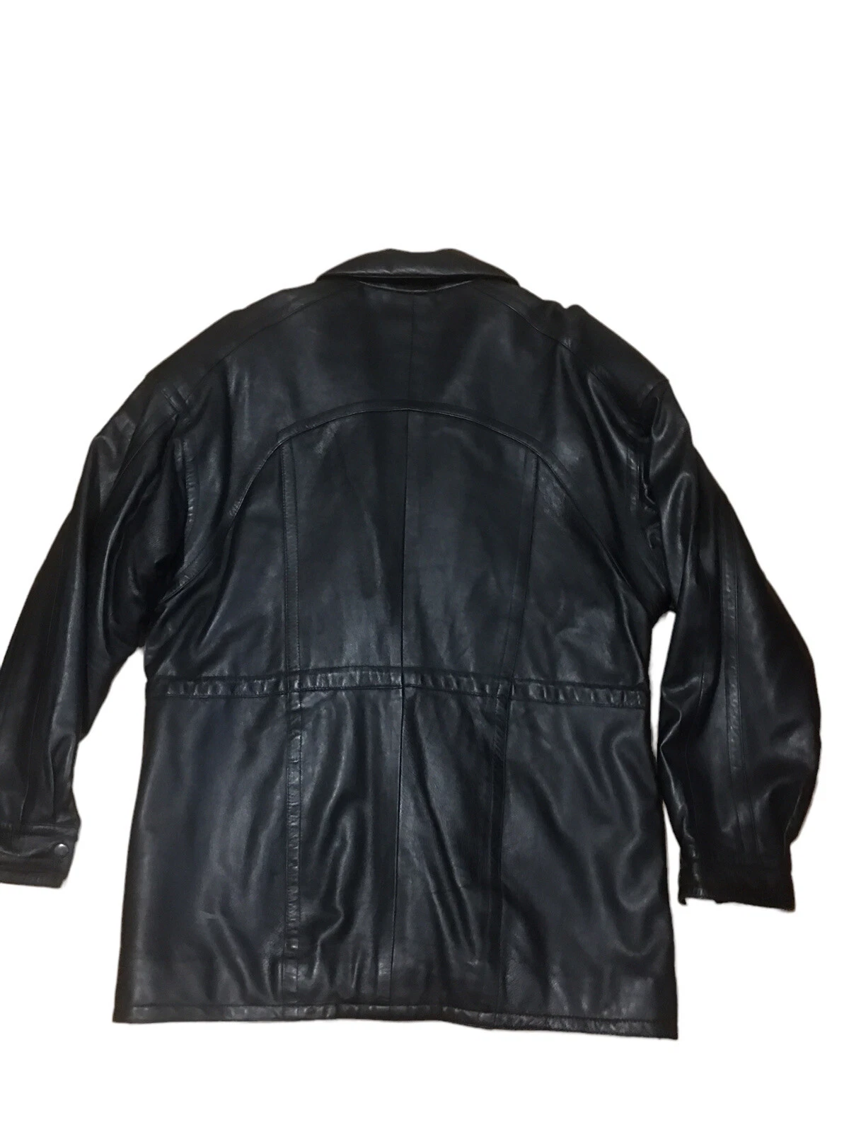 naga tora mens Black Business dress leather coat Mid Length 44” Vintage Medium image 6