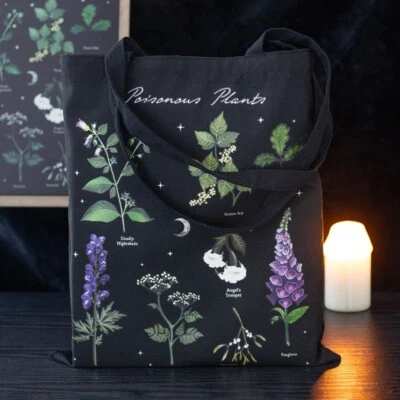 SPIRIT OF EQUINOX Poisonous Plants Gothic Black Long Handle Polycotton Canvas Tote Shopping Bag