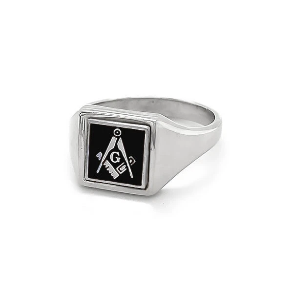 Masonic Ring Solid Silver Square and Compass Reversible - Black Hallmarked - Image 2 of 2