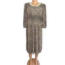 R.E.O Vintage Womens Bow Print Long Sleeve Dress Lace Neckline Size 12