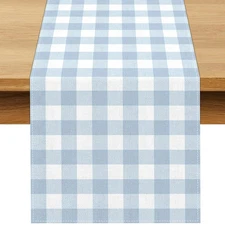 Dusty Blue Gingham Table Runner Light Blue Checkered Boy Girl Baby Shower Bir...