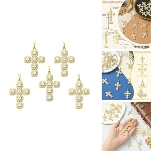 Authentic Ipotkitt 10Pcs 16K Gold Plated Cross CZ Charm Pendants Clear 27x18.5mm