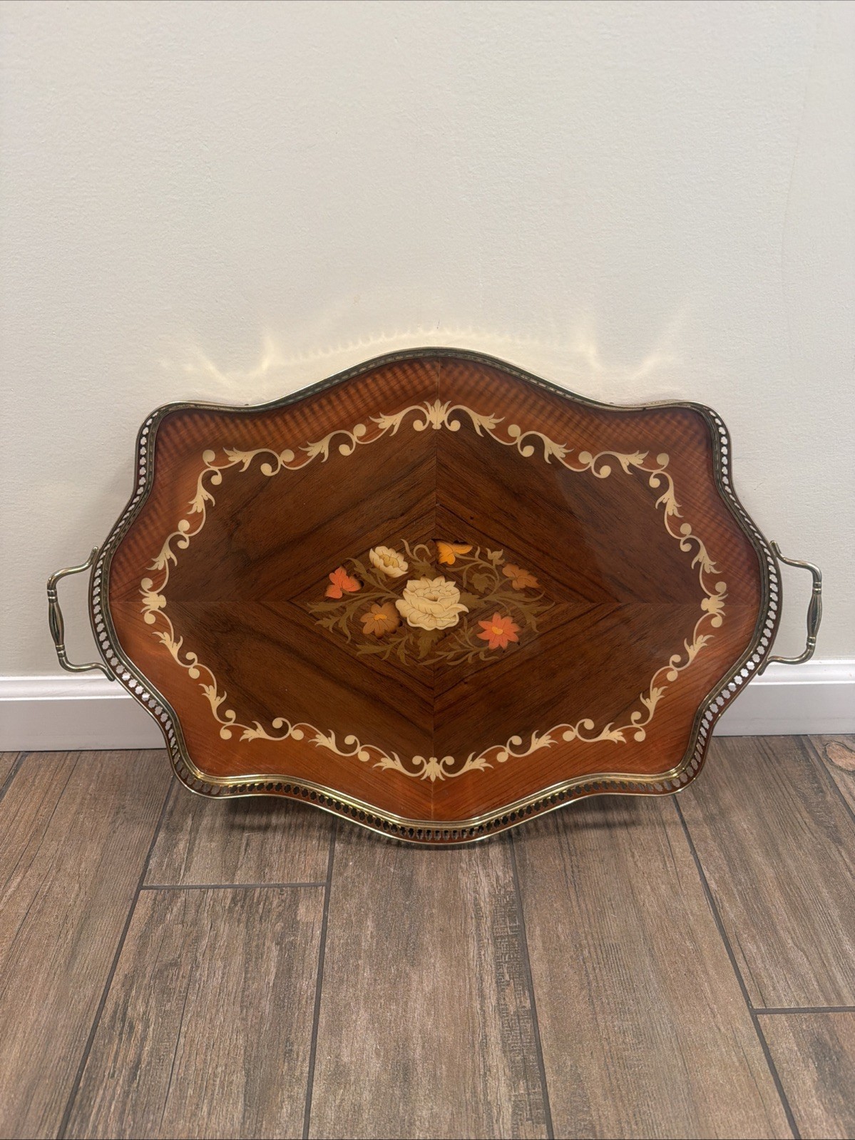 Vintage Italian Marquetry Wood Serving Tray Floral Inlay Brass Band Handles