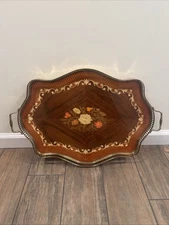 Vintage Italian Marquetry Wood Serving Tray Floral Inlay Brass Band Handles