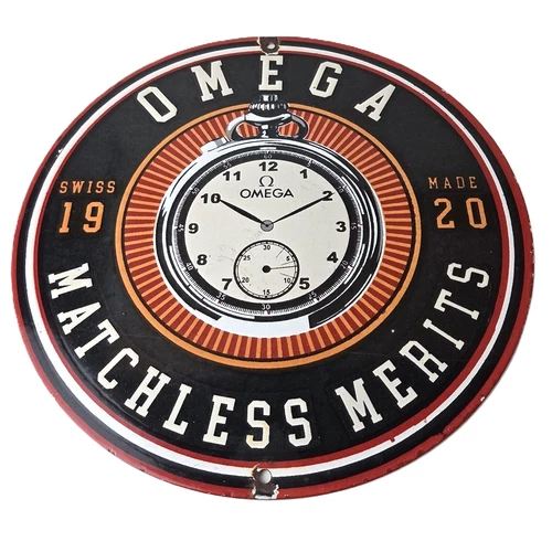 Vintage Omega Watches Sign - Matchless Merits Store Display Gas Porcelain Sign