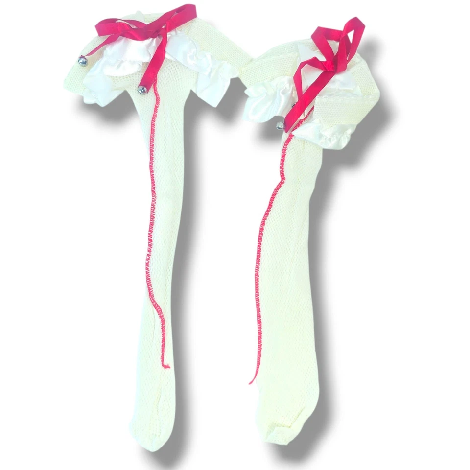 Sexy Frederick's Of Hollywood Leg Ware Branco Vermelho Médio Jingle Bell Renda Rede de Pesca - Imagem 3 de 4