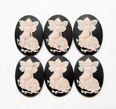 8 Vintage Pink over Black 25x18mm Fairy Sitting on Flower Resin Cameos Cabochon