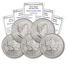 1988 - Present (Random Year) Lot of (5) 1 Oz Silver Maple Leaf Brilliant Uncircu