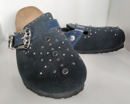 New Birkenstock Betula Rocko Suede Black/Blue Leather Buckle Clogs L8 2 Pair - Imagen 16 de 20