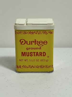 Vintage Durkee Spice Tin Canister Ground Mustard Yellow 1970 s Empty 1-1/2 oz