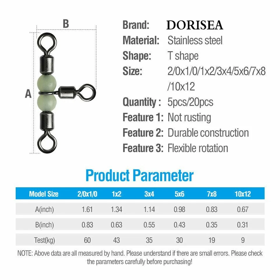 20/50/100 Pcs 3-Way Fishing Swivel Connector T-Turn Swivels Bass Luminous Beads - Image 3 of 4