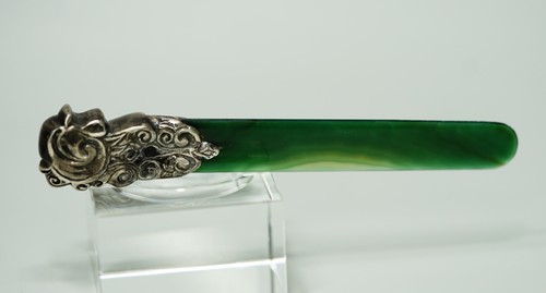 Antique Imperial Russian Silver Agate Letter Opener Paper Knife Repousse Rooster - Picture 3 of 11