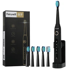 Fairywill Sonic Electric Toothbrush 5 Mode Clean Teeth USB Rechargeable 6X Heads
