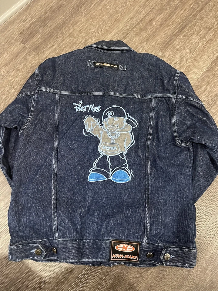 Jaqueta jeans vintage platina Nova masculina grande azul denim logotipo Phat Nova - Imagem 4 de 4