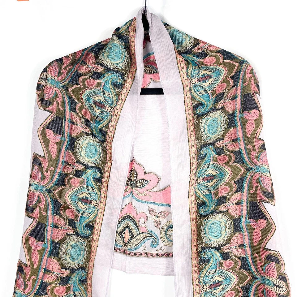 Bufanda de Seda ETRO Gris Naranja Azul Paisley Bordada Floral Rectángulo Foto 3 de 4