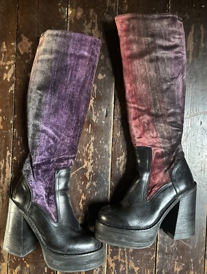 Vintage 90er Original JOHN RICHMOND DESTROY Chunky Velvet Cotton RAINBOW Boots Uk 3
