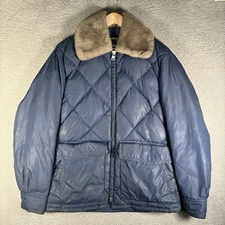 Tempco Jacket Puffer Goose Down Blue Faux Trim Quilted VTG 70s Mens 42
