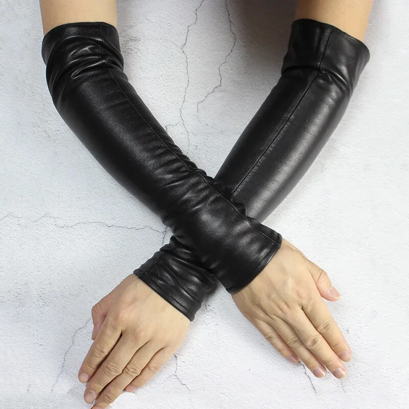 Guantes sin dedos de piel de oveja sintética de 38 cm de largo para mujer guantes de medio dedo mangas Foto 4 de 4