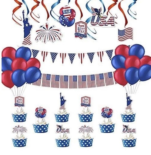 54 Pcs Fourth Of July Party Decoration Banner,  Streamer,Balloon,Cupcake Topper - Picture 1 of 8