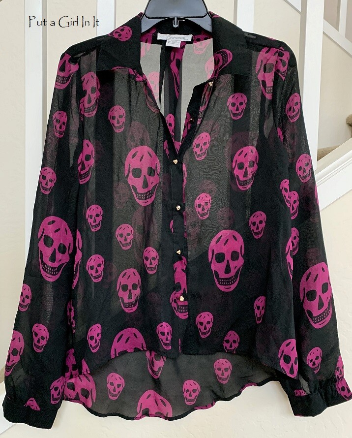 New Womens CHIFFON BLACK PINK WHITE SKULL LONG SLEEVE GOTH
