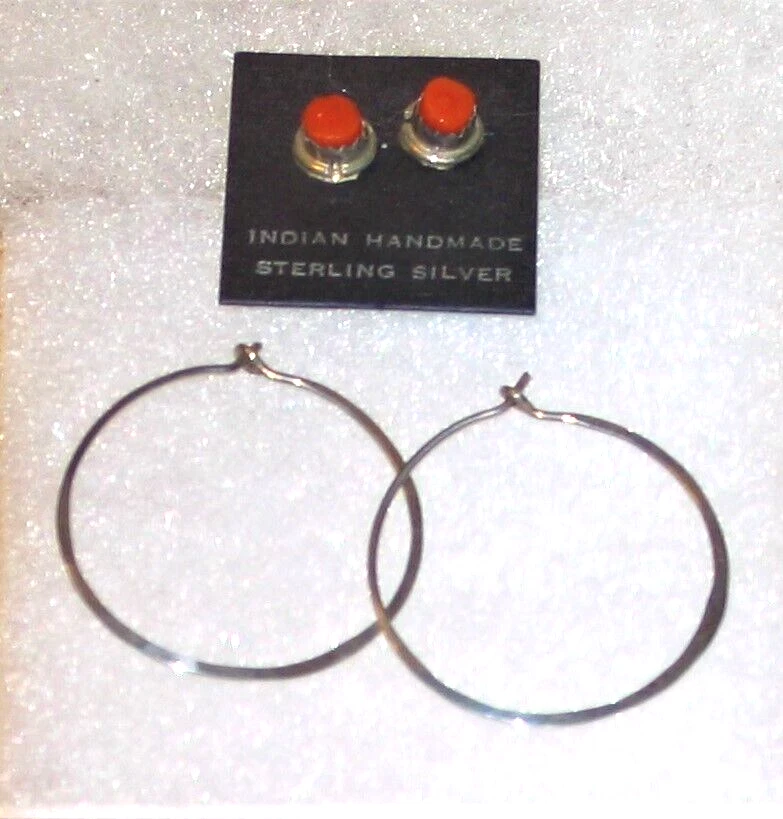 Pendientes vintage artesanales de plata de ley y coral - aros y tachuelas - 3 pares Foto 4 de 4