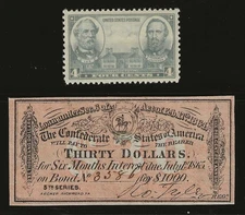 ORIGINAL CIVIL WAR 1864 $30 CONFEDERATE $1000 BOND COUPON + LEE / JACKSON STAMP