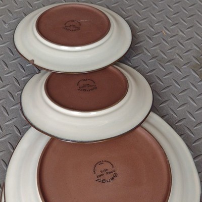 Sango Cyprus White 4676 Stoneware Dinner Plates White Brown Dotted Rim 3-Pc