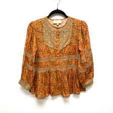 Love The Label Womens Orange Floral Richy Crochet Lace Buttondown Blouse XS
