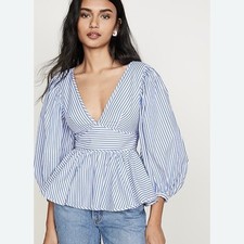 Staud Striped Blouse Size US10 AU14 V neck long sleeves Cotton