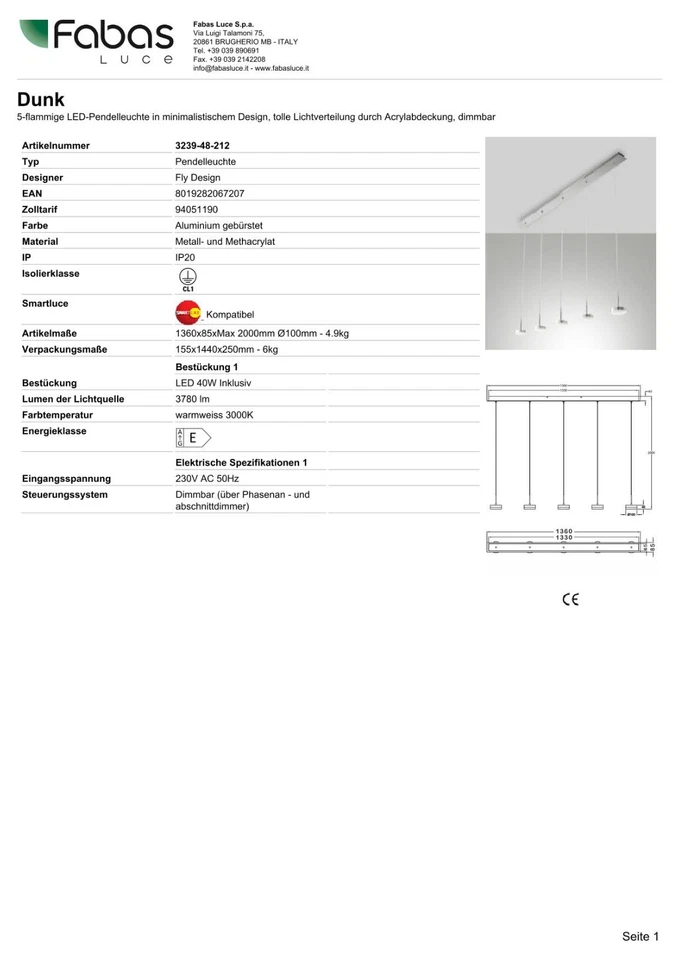 FABAS LUCE LED Pendel Leuchte Dunk 5flg. 3239-48-212 dimmbar Alu gebürstet - Bild 4 von 4