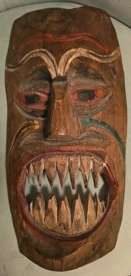 Rustic Hand Carved/Painted Wood Hawaiian Tiki Mask Keep Evil Spirits Away 13x7x3