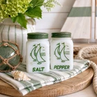 hazel atlas Milk Glass Vtg Green sailboat Salt & Pepper Shakers W/ Matching Lid