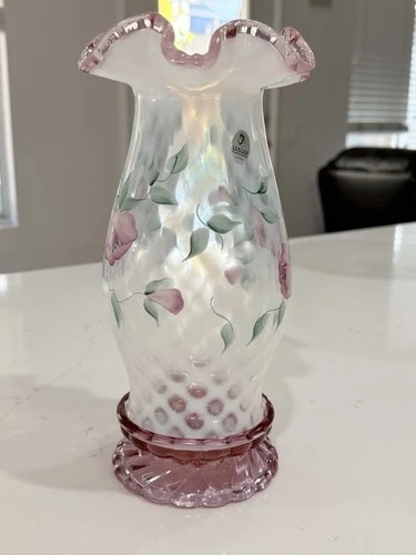Fenton French Opalescent Trellis Floral Hand Painted Hurricane Lamp 2000 W359