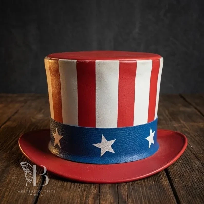 Handmade Leather Top Hat| Red American Flag Hat, Patriotic Festival Hat