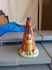 Vintage Cast Iron Metal Native American Indian Man Standing Outside Teepee Bank