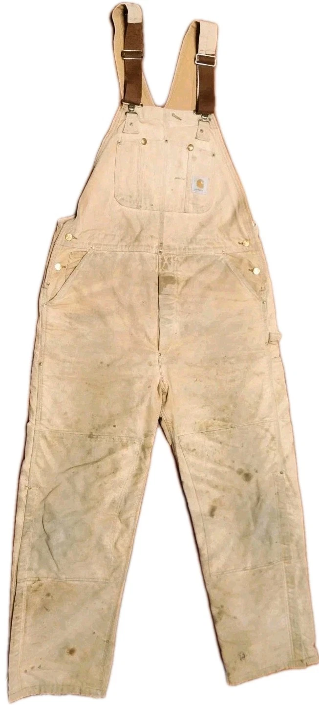 CARHARTT Overalls Men 40x34 Biege R02 Bibs Duck Canvas Double Knee VTG Insulated