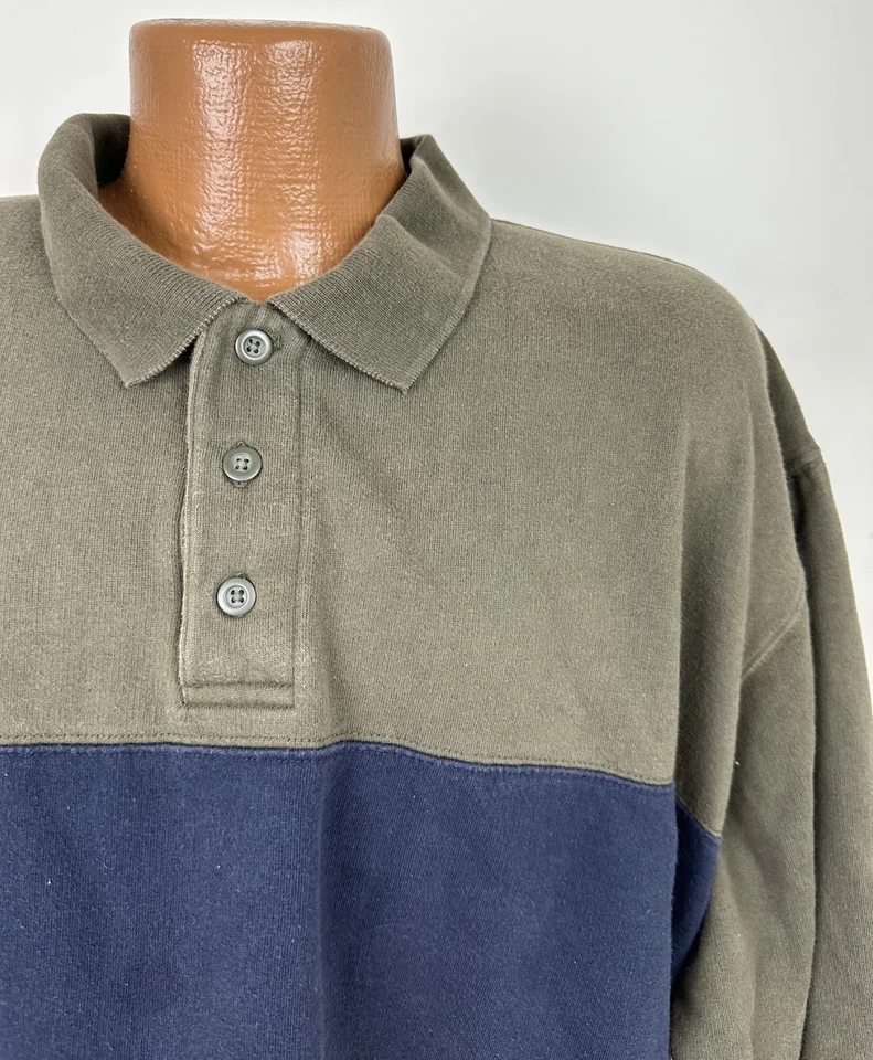 Sudadera Vintage Años 90 Bloque de Color Para Hombres XXL 2XL Cuello Polo Pullover Oliva Azul Marino Foto 3 de 4