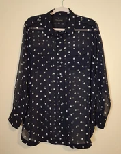 Banana Republic Parker Large Navy Blue Button Shirt Sheer Lightweight Polka Dot