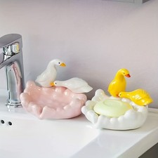 Ceramic Couple Duck Soap Holder&Soap Dish Drain Rack Toilet Soap Tray Home Decor