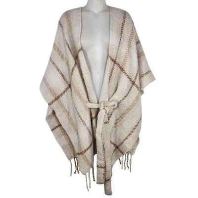 Liz Claiborne Belted Poncho Wrap Womens One Size OS Fringe Plaid Neutral Ivory - Image 1 of 4