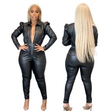 New Women Fashion Long Sleeves Collared Zipper Patchwork Skinny Casual Jumpsuit